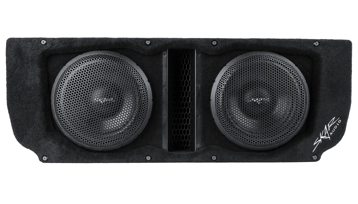 Skar Audio L-VD-VS-2X10CHEVCAM-2016-2024-V dual 10-inch loaded subwoofer enclosure, front view
